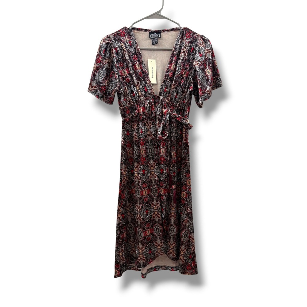 Angie by Francesca's Paisley Midi Dress Small Burgundy Boho High Low Wrap Tassel